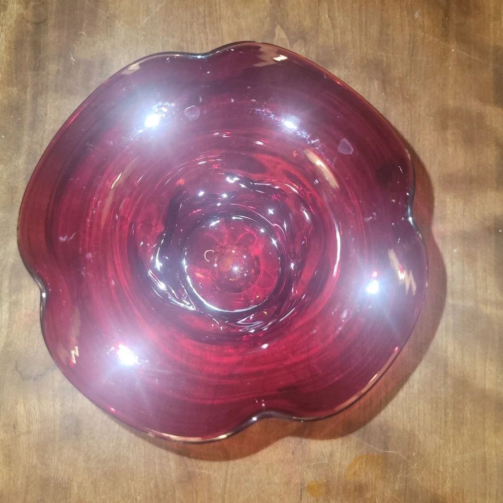 Vintage Bischoff Red Vase,‎ Hand Blown Dimpled Vase with Folded Rim